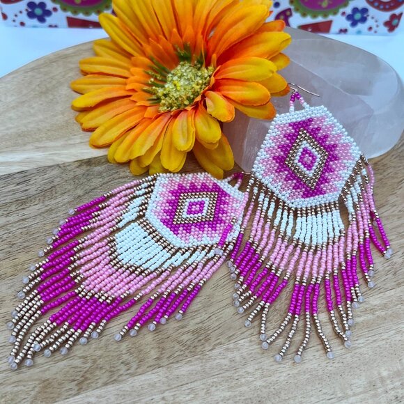 Handmade Beaded Native American Style Long & Large Fringe Dangle Drop Earrings - Picture 6 of 9